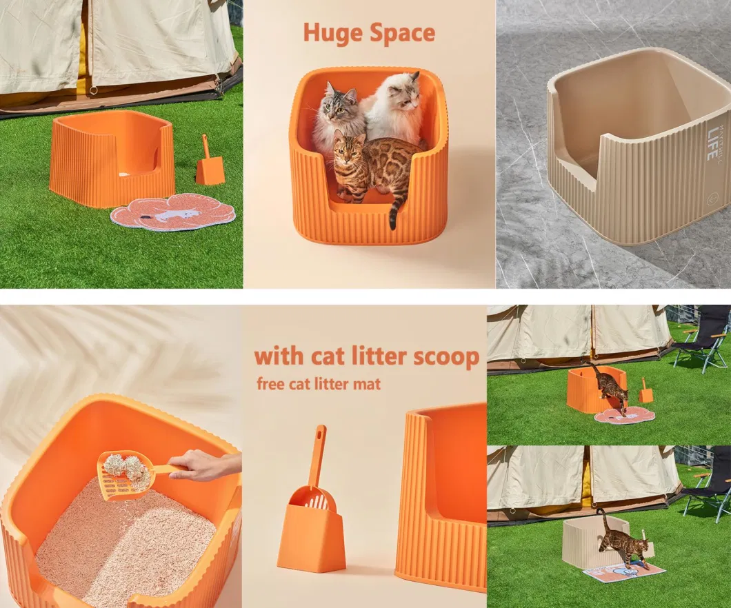 XXL Container Shape Pet Toilet Open Easy to Clean Cat Litter Box with Free Litter Mat and Scoop